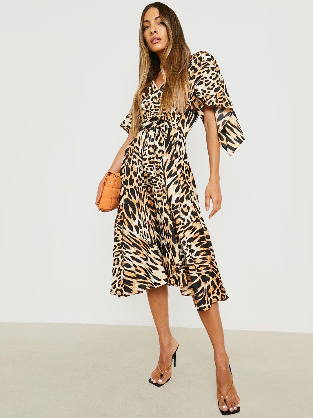 

Boohoo Animal A-Line Belted Midi Dress, Brown