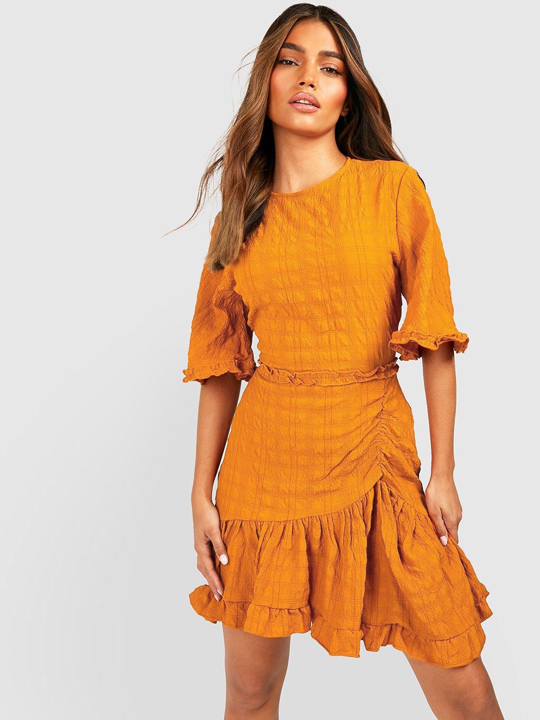 

Boohoo Textured Flared Sleeves Tiered A-Line Dress, Orange