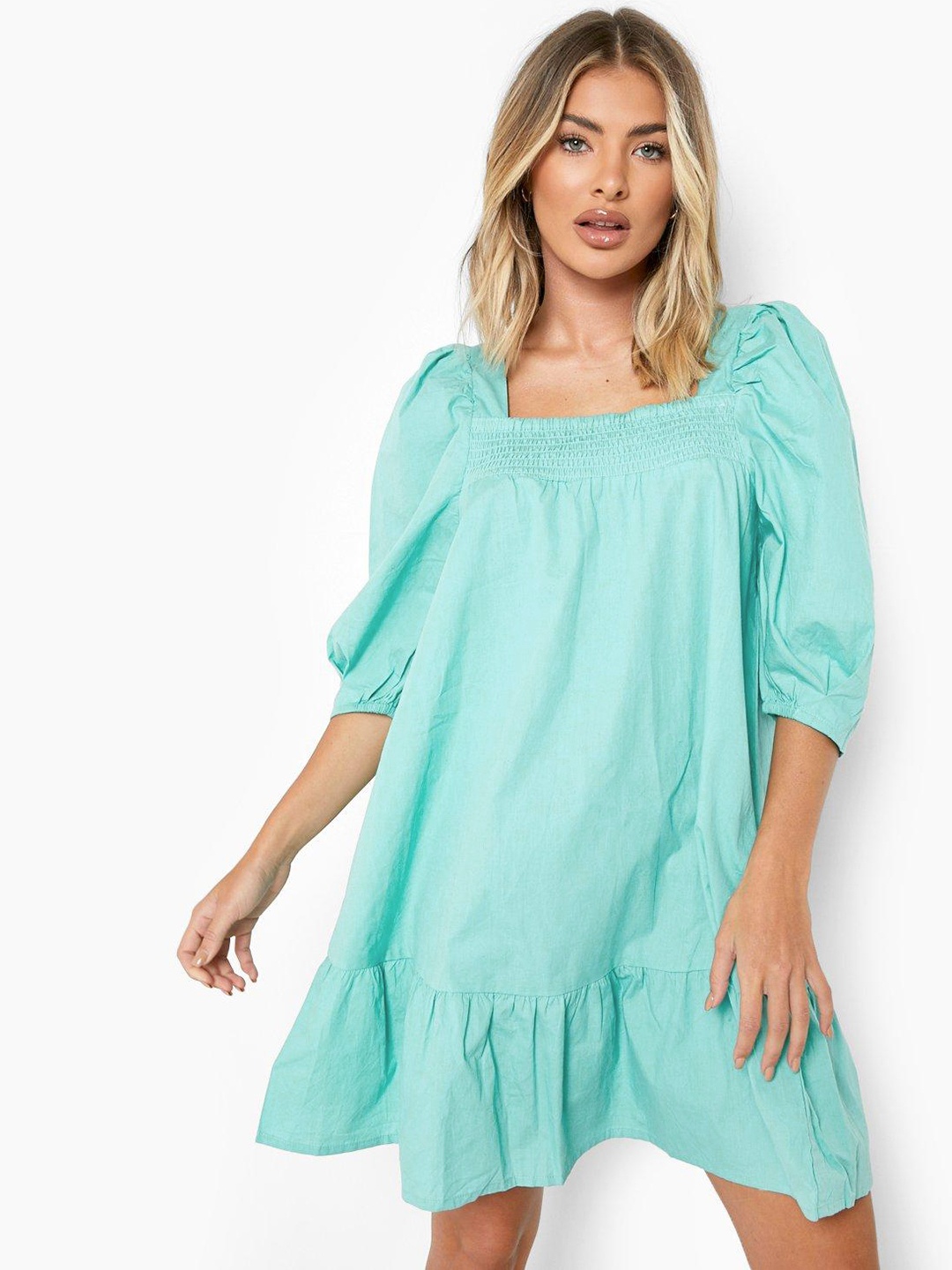 

Boohoo Square Neck Puff Sleeves Drop-Waist Dress, Blue