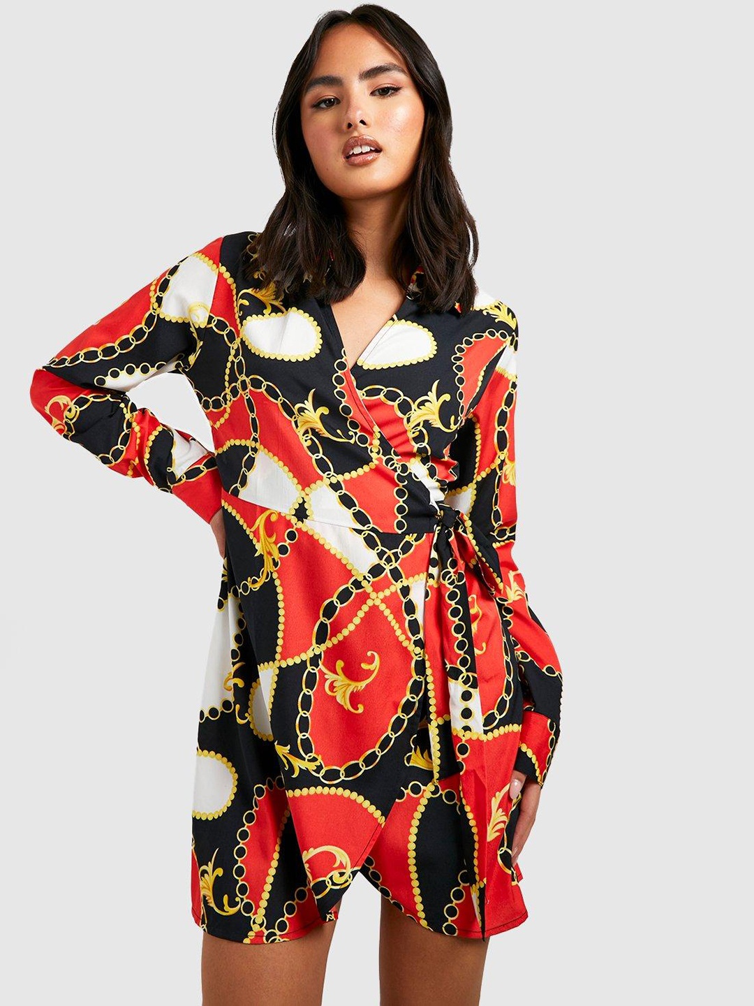 

Boohoo Abstract Print Wrap Mini Dress with Belt, Red