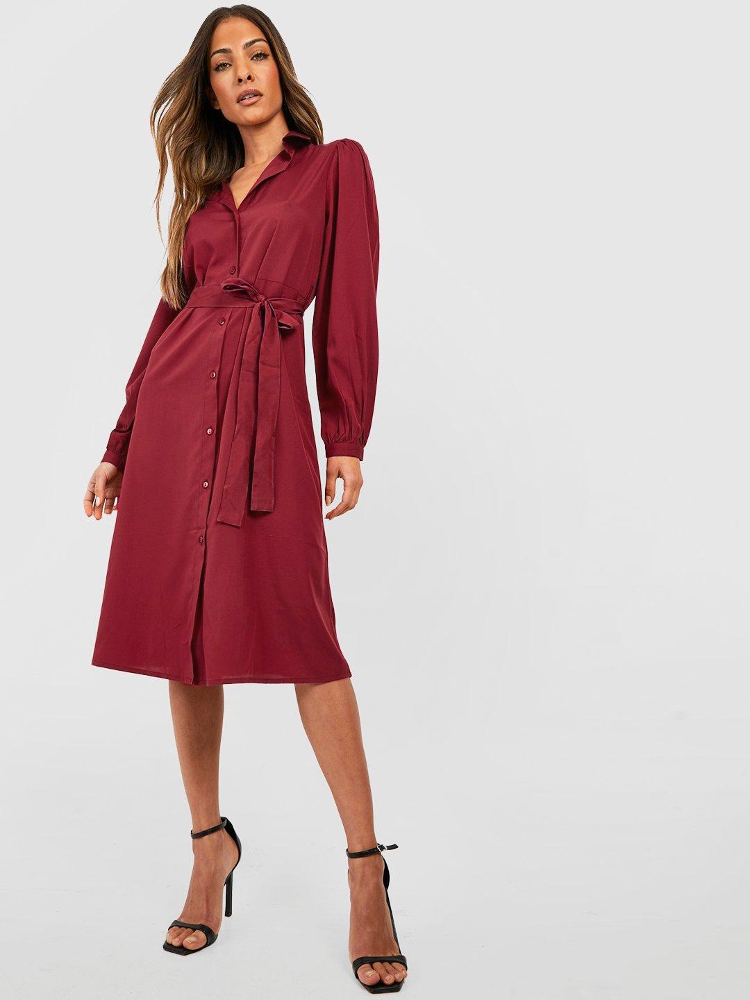 

Boohoo Belted Shirt Midi Dress, Maroon