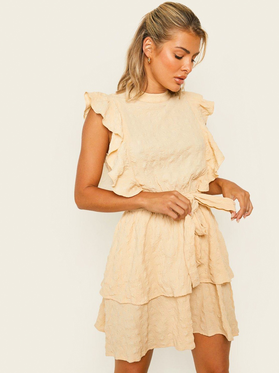 

Boohoo Textured High Neck Ruffled Fit & Flare Dress, Beige
