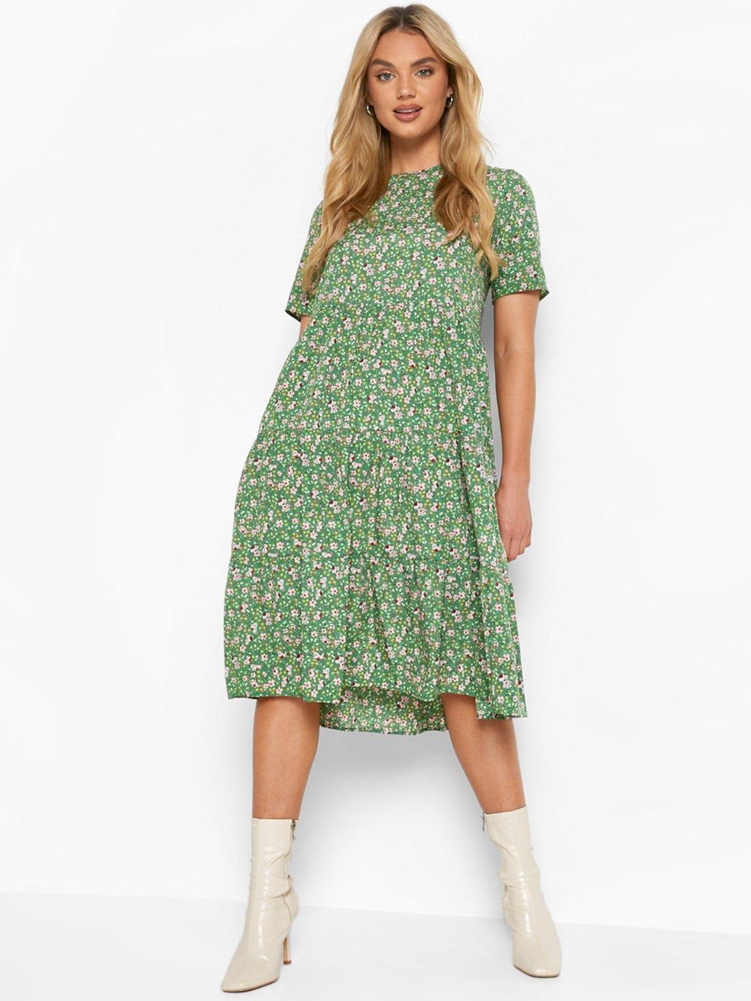 

Boohoo Floral Print A-Line Tiered Midi Dress, Green