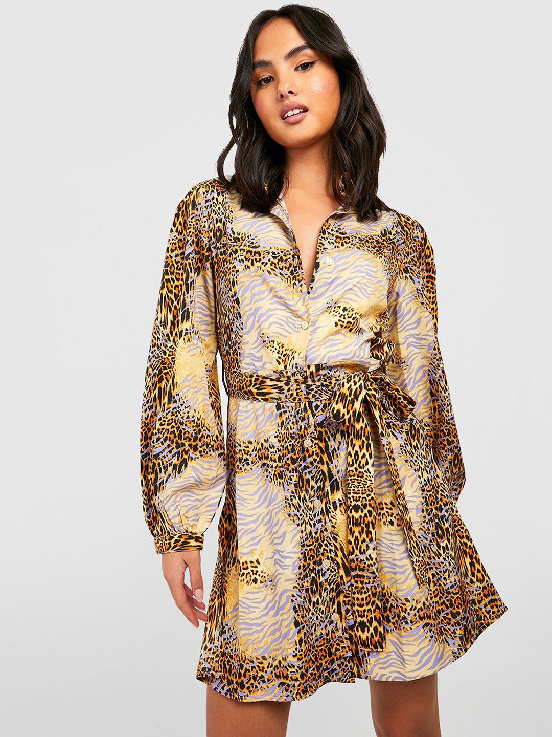 

Boohoo Animal Print Shirt Mini Dress, Mustard