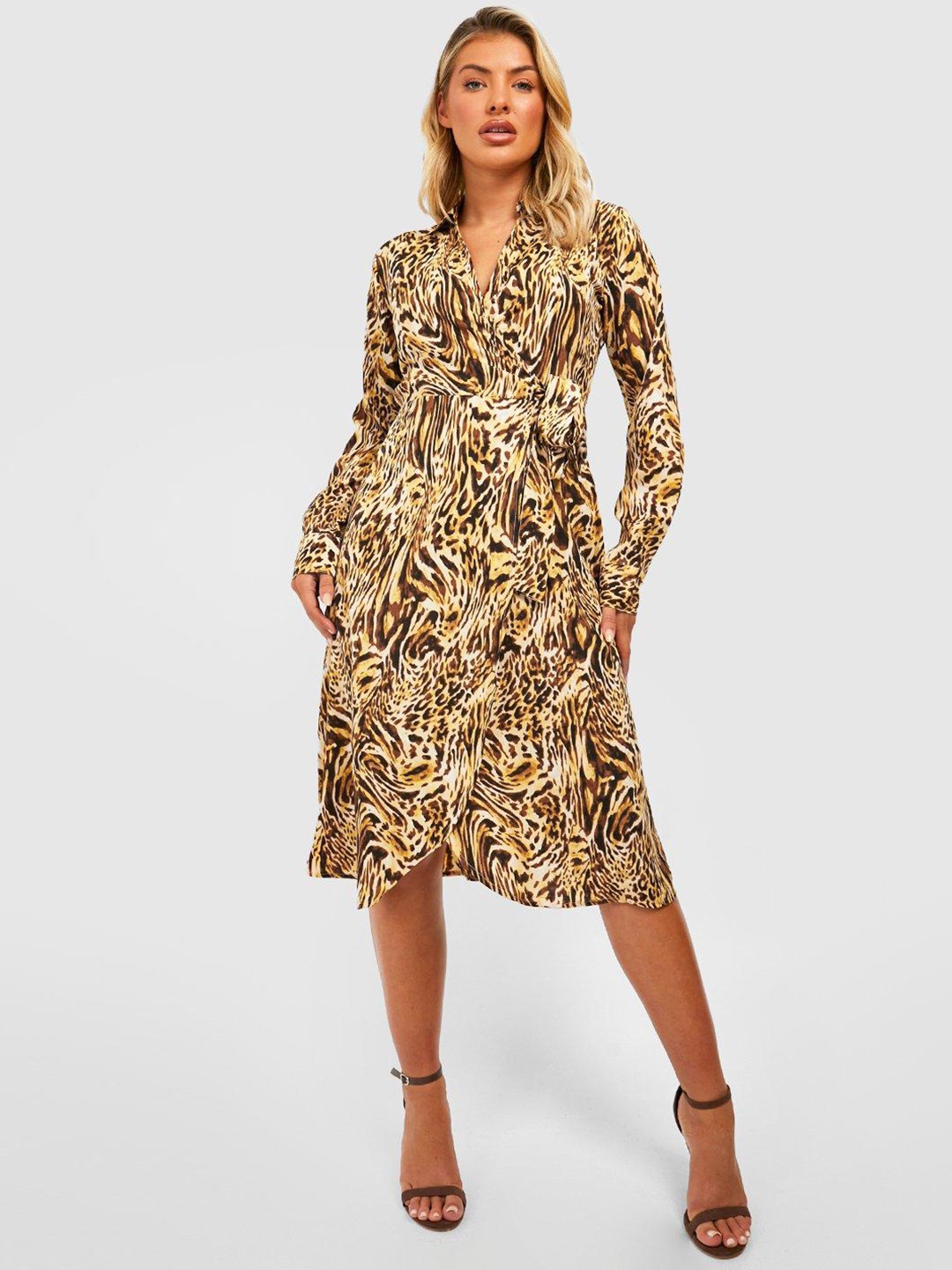 

Boohoo Animal Print Wrap Midi Dress, Cream