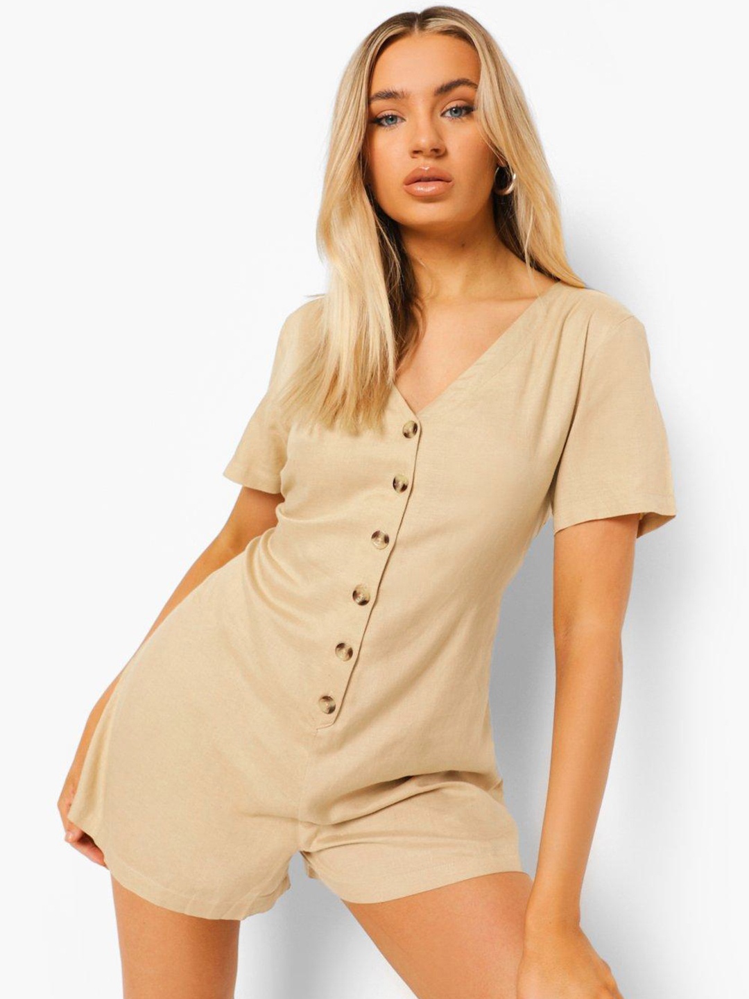 

Boohoo V-Neck Linen Playsuit, Beige