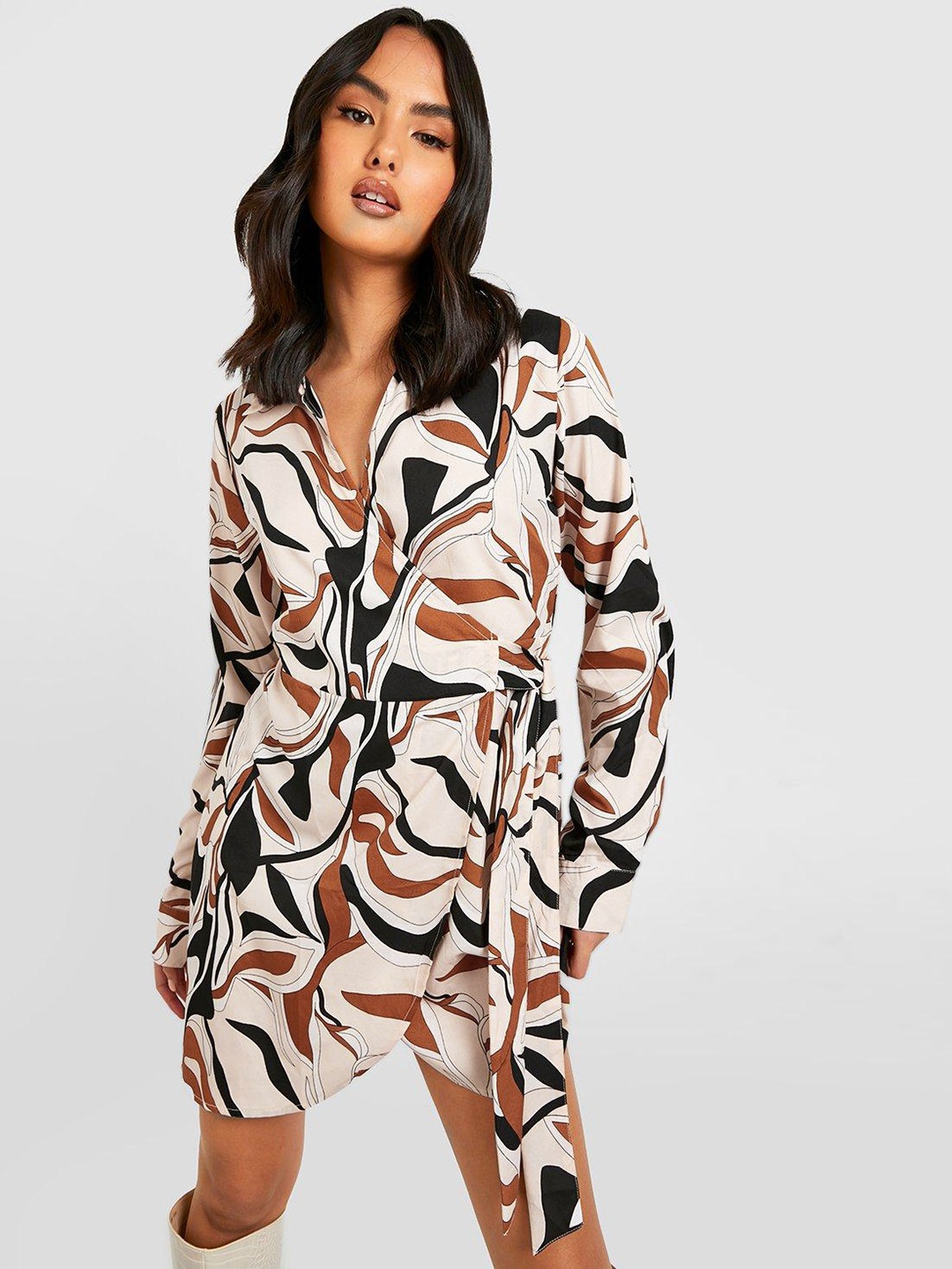 

Boohoo Abstract Print Wrap Dress, Black