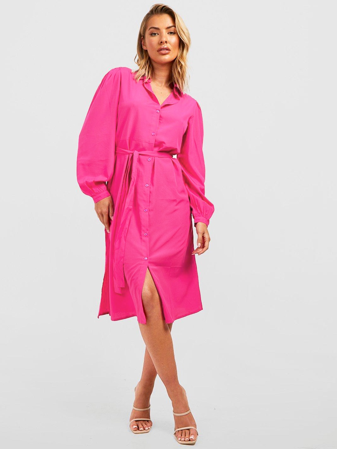 

Boohoo Shirt Midi Dress with Belt, Pink