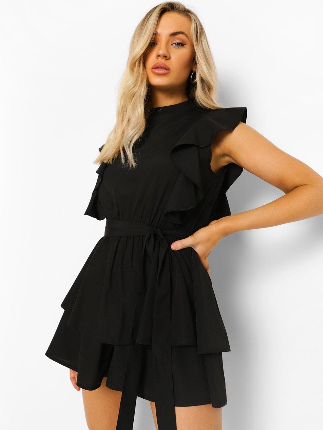 

Boohoo Ruffles Playsuit, Black