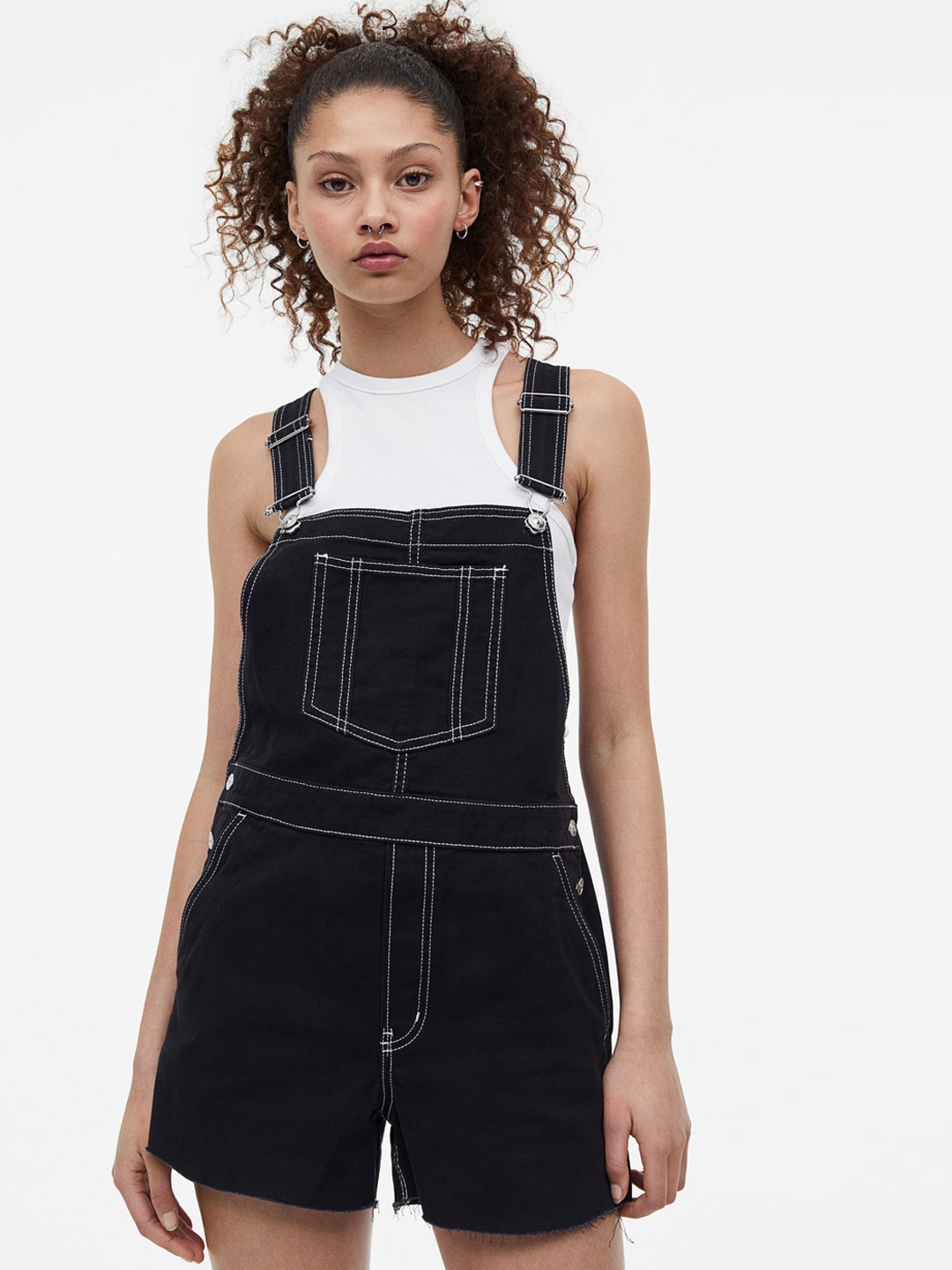 

H&M Pure Cotton Twill Dungaree Shorts, Black