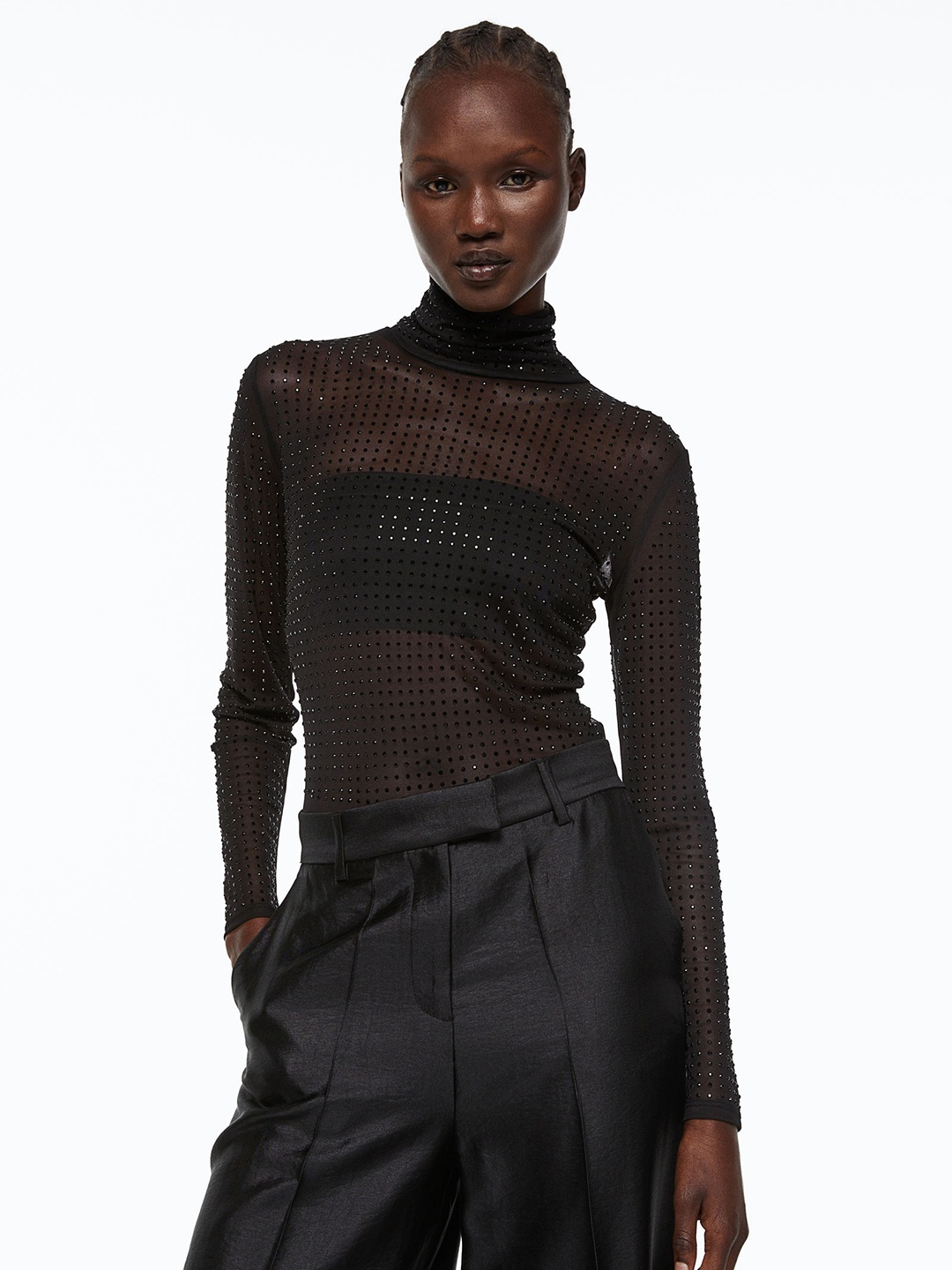 

H&M Women Rhinestone-Embellished Mesh Body, Black