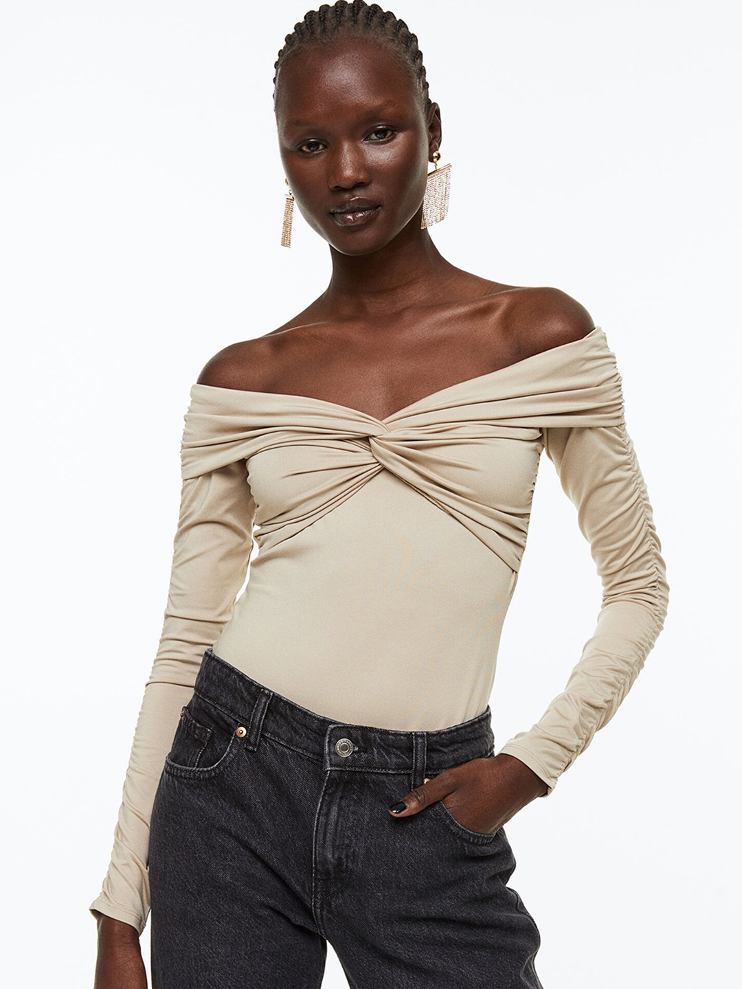 

H&M Off-The-Shoulder Thong Body, Beige
