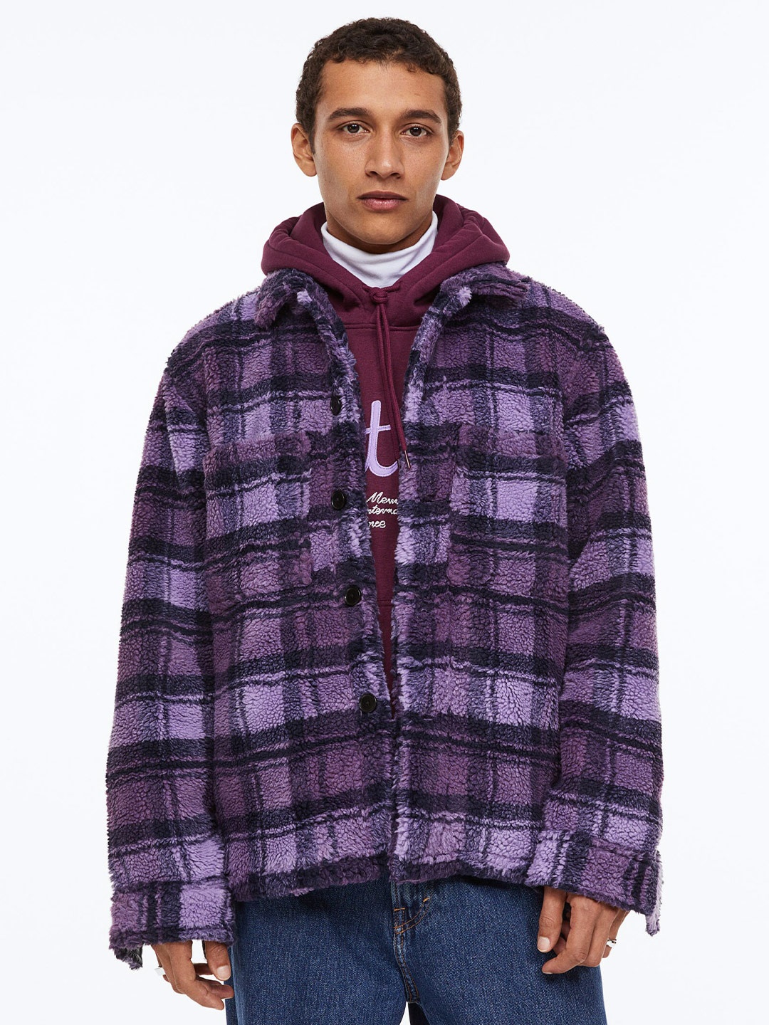 

H&M Men Relaxed Fit Teddy Overshirt, Purple