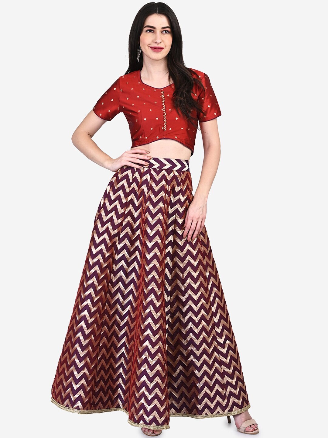 

Be Indi Red & Gold-Toned Ready to Wear Lehenga With Blouse