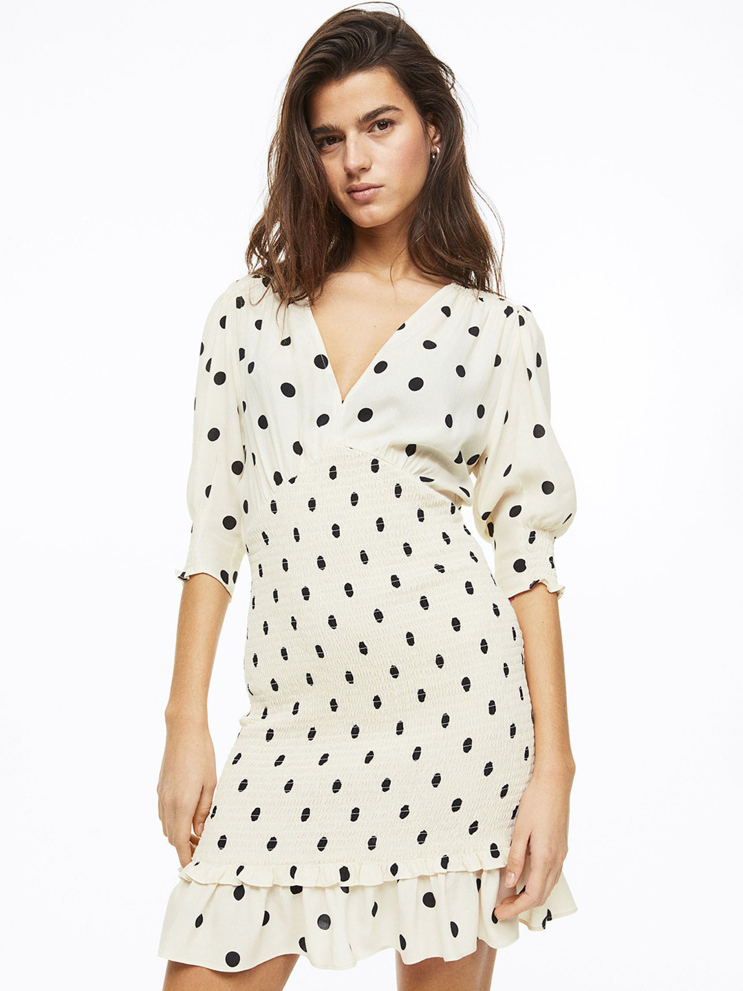 

H&M Puff-Sleeved Smocked Dress, Beige