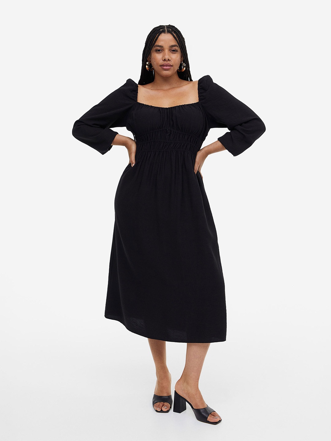 

H&M Balloon-Sleeved Smocked Dress, Black