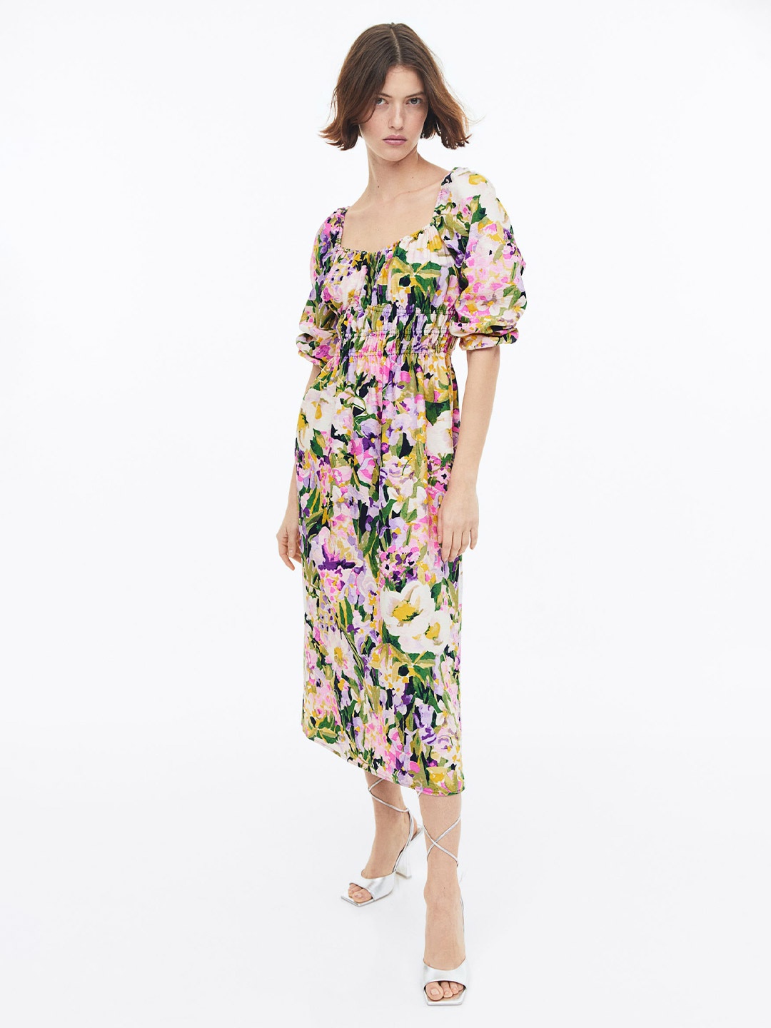 

H&M Floral Printed Smocked Midi Dress, Green