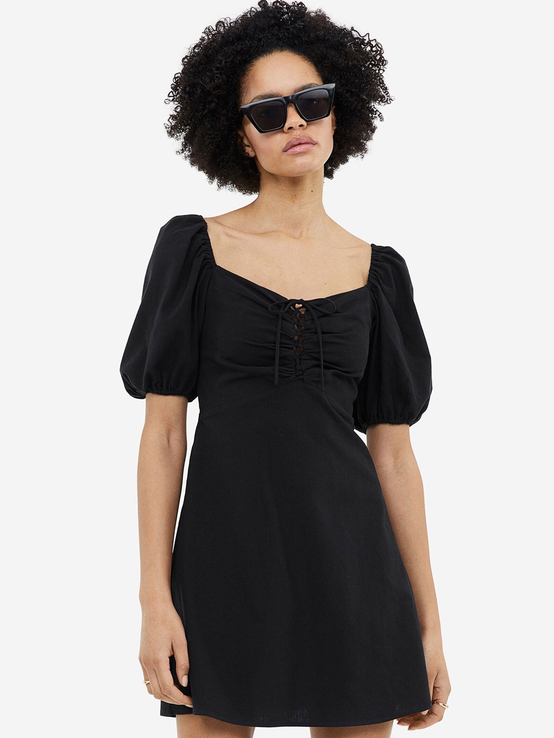 

H&M Puff-Sleeved Lacing-Detail Dress, Black