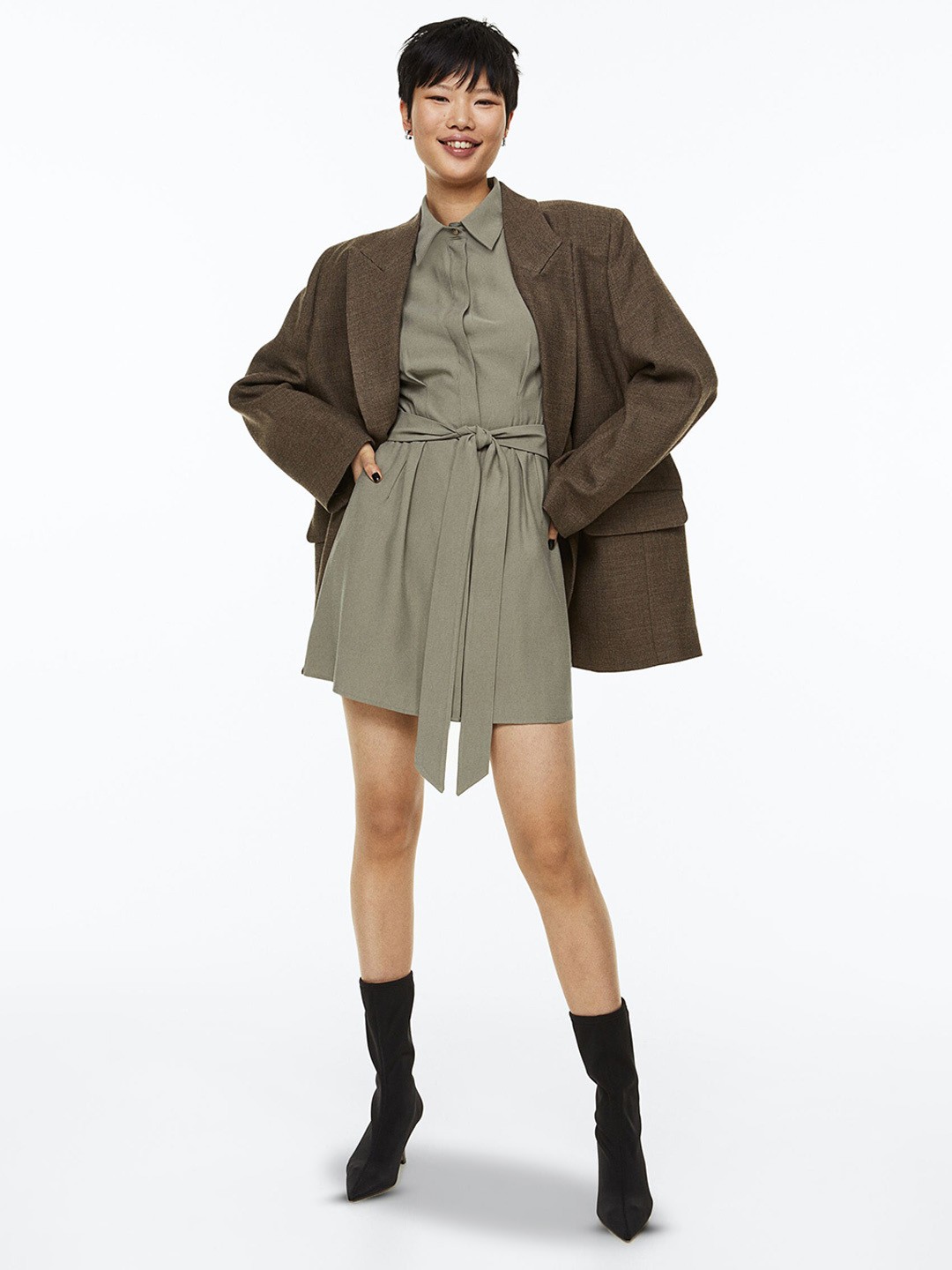 

H&M Tapered-Waist Shirt Dress, Green