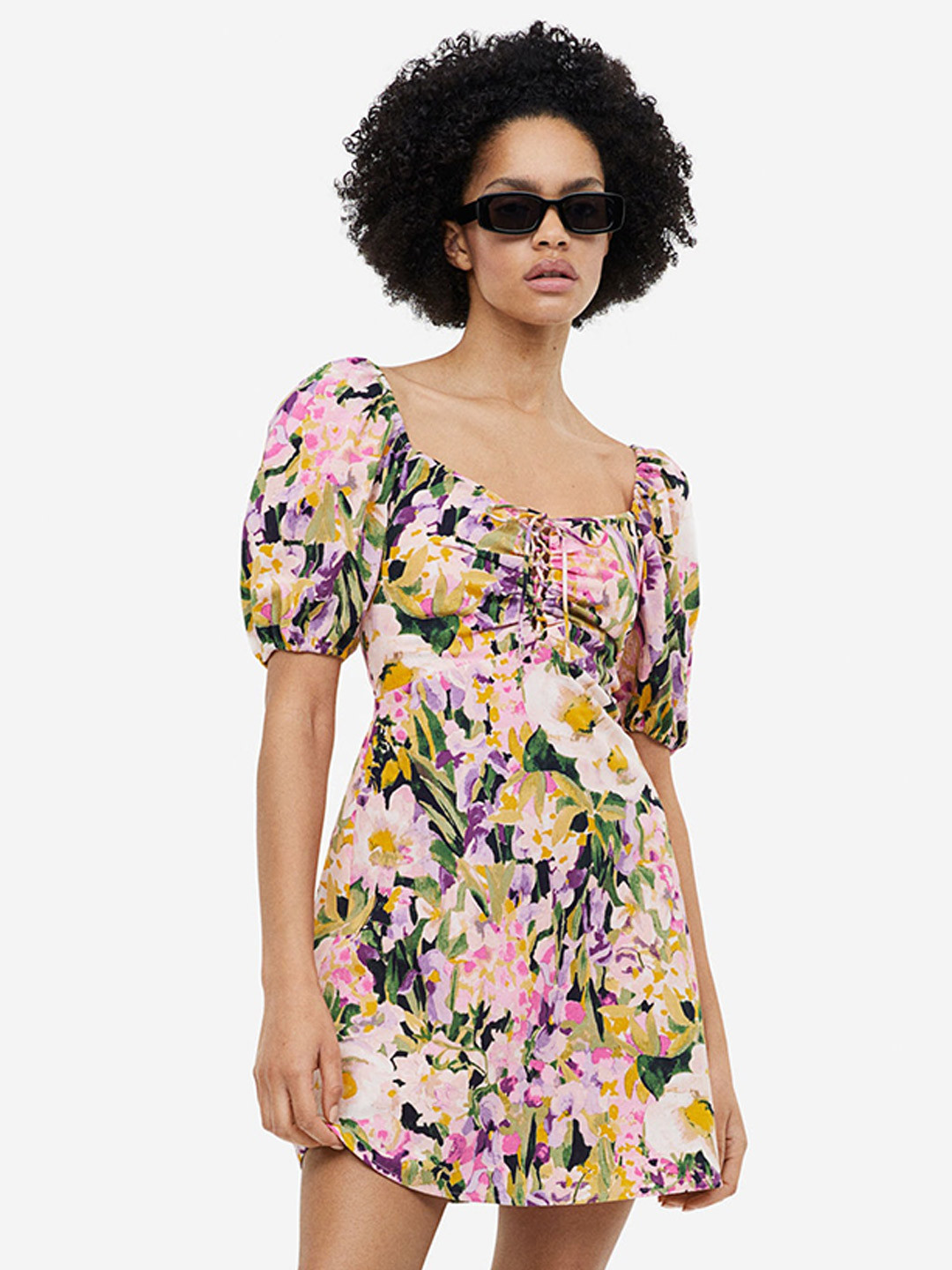 

H&M Puff-Sleeved Lacing-Detail Dress, Multi