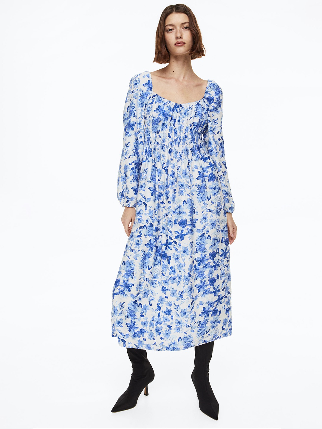 

H&M Balloon-Sleeved Smocked Dress, Blue