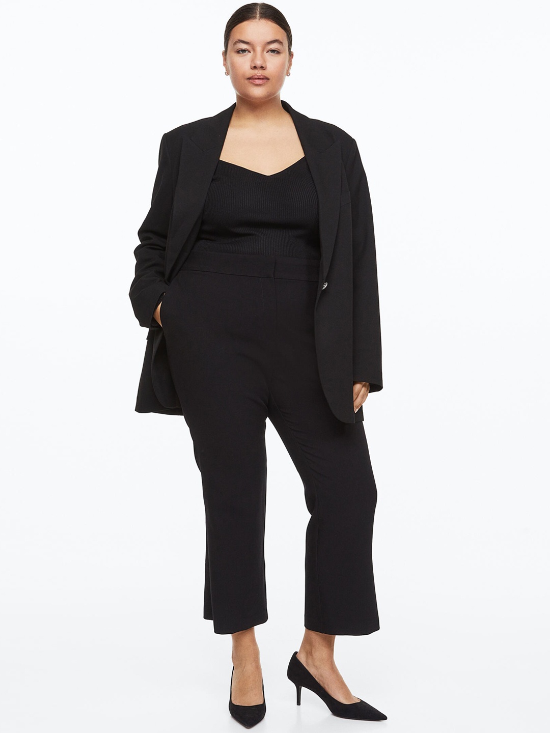 

H&M Women Plus Size High-Rise Twill Cropped Trousers, Black