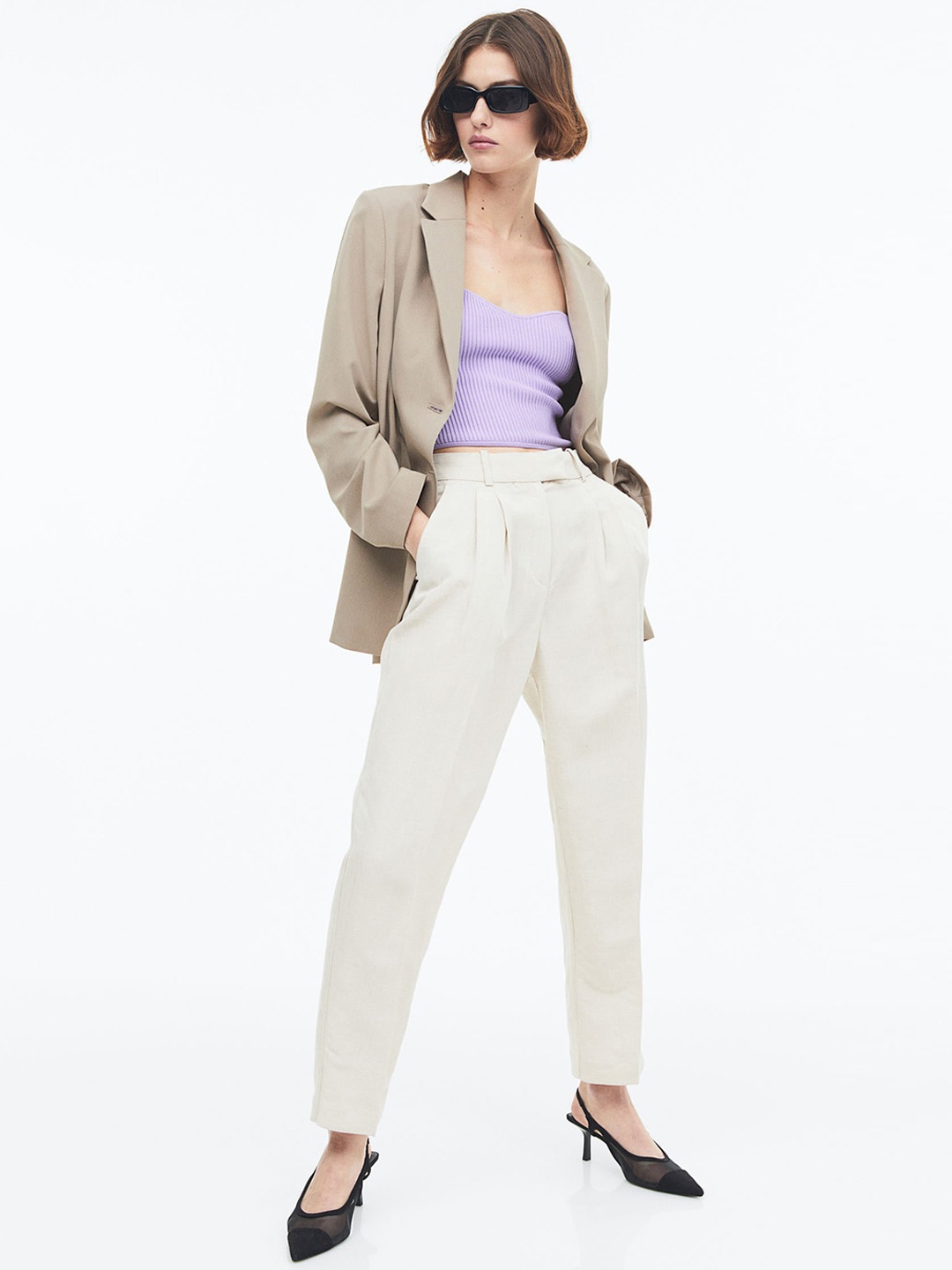 

H&M Women Tapered Linen-Blend Trousers, Beige