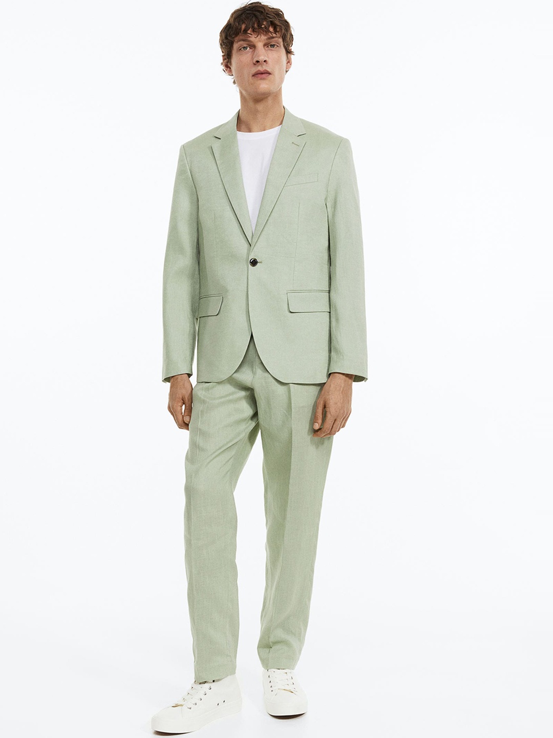 

H&M Men Regular Fit Pure Linen Suit Trousers, Green