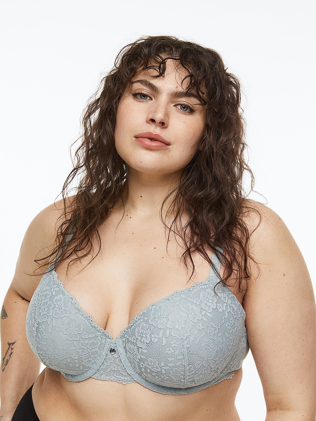 

H&M Women Plus Size Padded Underwired Lace Bra, Turquoise blue