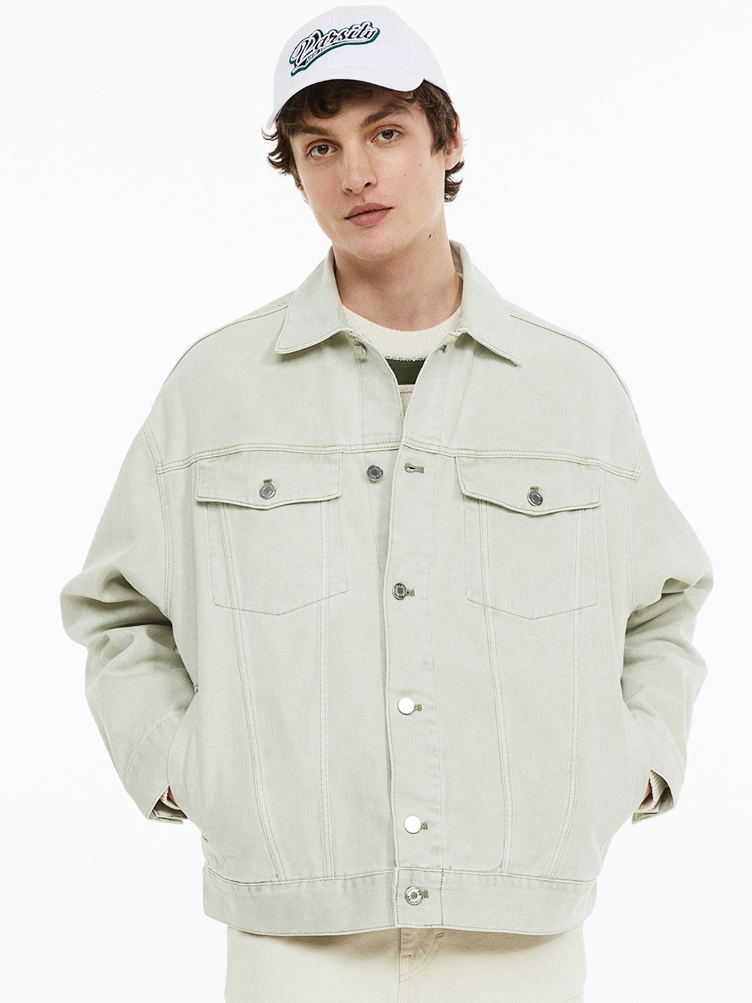 

H&M Men Boxy Twill Denim Jacket, Sea green
