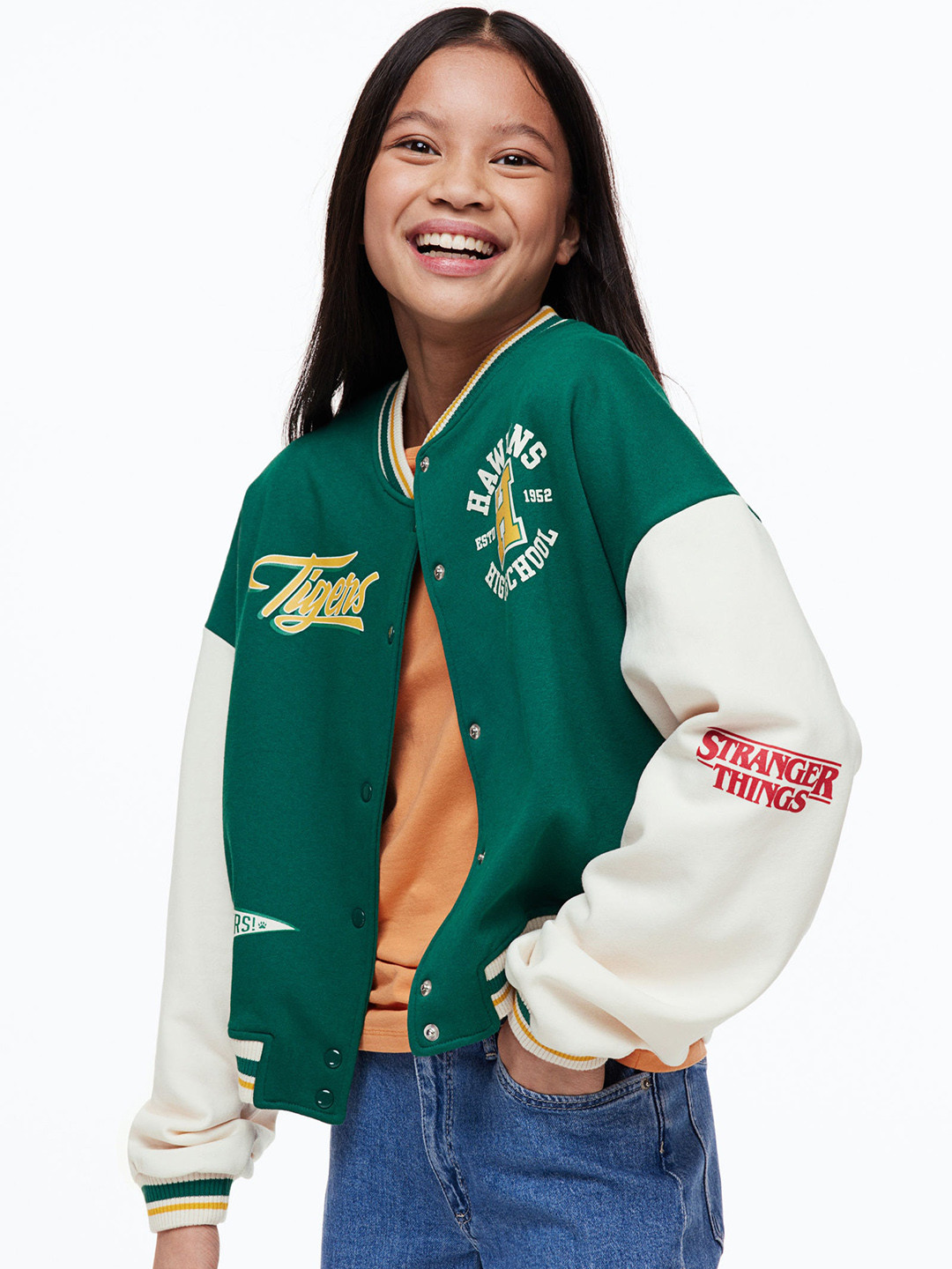 

H&M Girls Print-Motif Baseball Jacket, Green