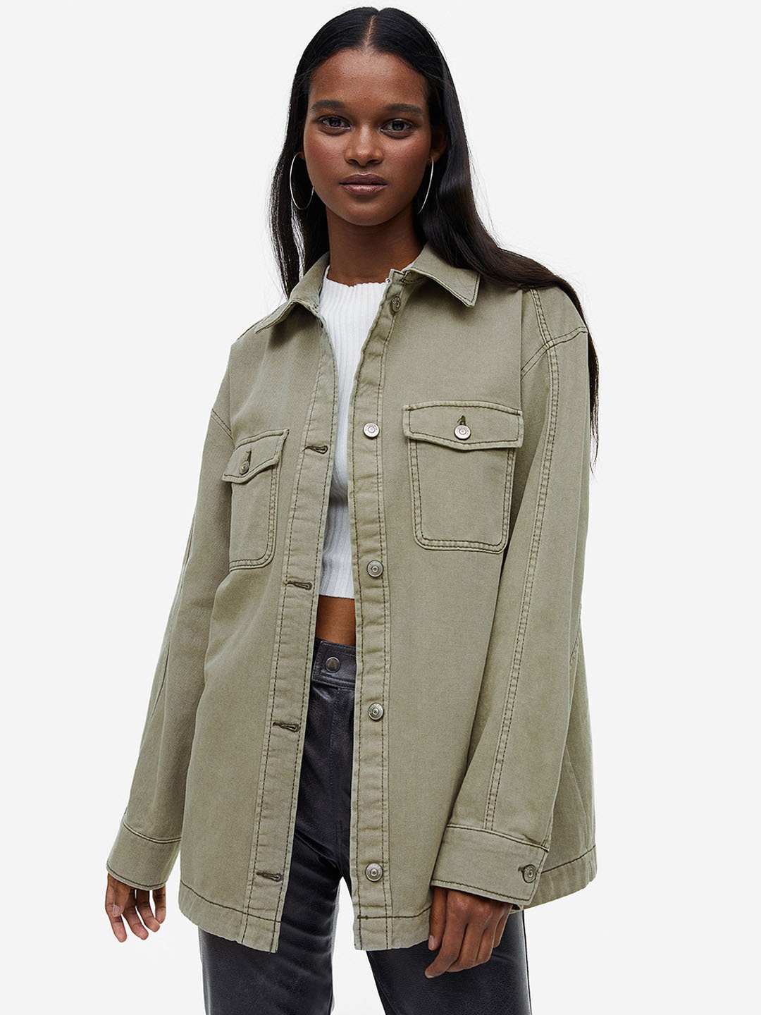 

H&M Women Twill Shacket, Olive