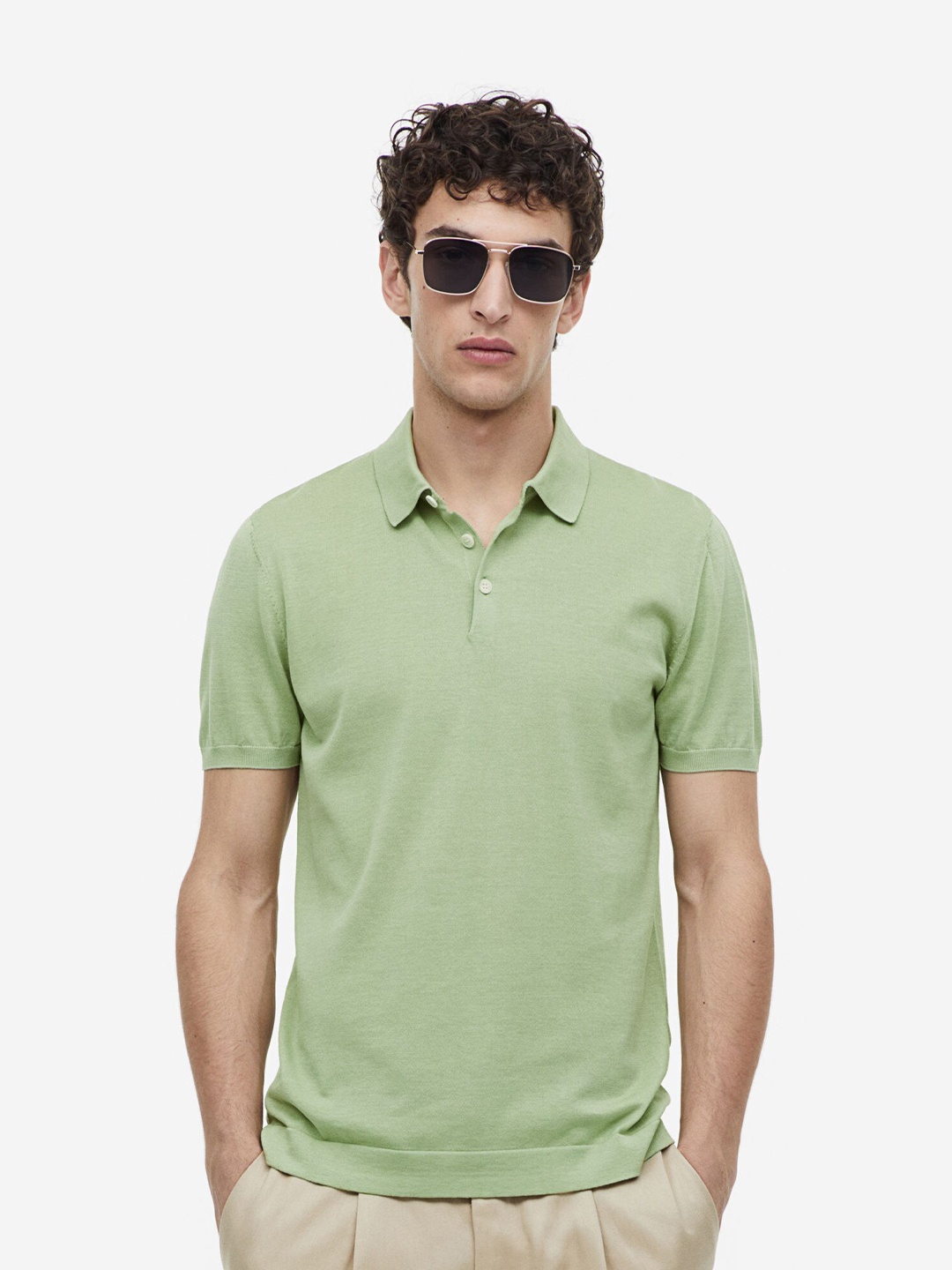 

H&M Slim Fit Silk-Blend Polo Shirt, Green