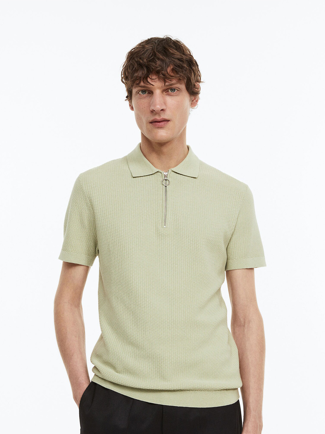 

H&M Slim Fit Pure Cotton Zip-Top Polo Shirt, Green