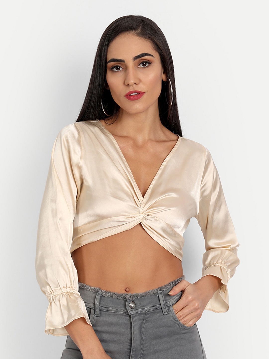 

ESSQUE Puff Sleeves Twisted Detail Satin Crop Top, Beige