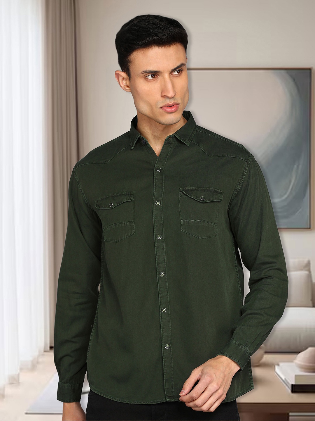 

Kuons Avenue Spread Collar Cotton Casual Shirt, Olive