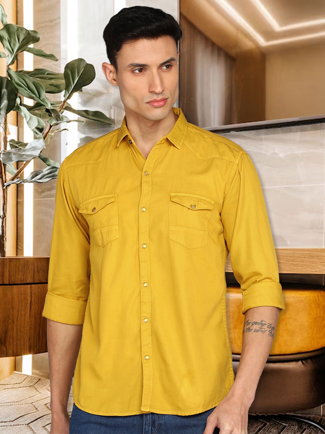 

Kuons Avenue Spread Collar Cotton Casual Shirt, Yellow