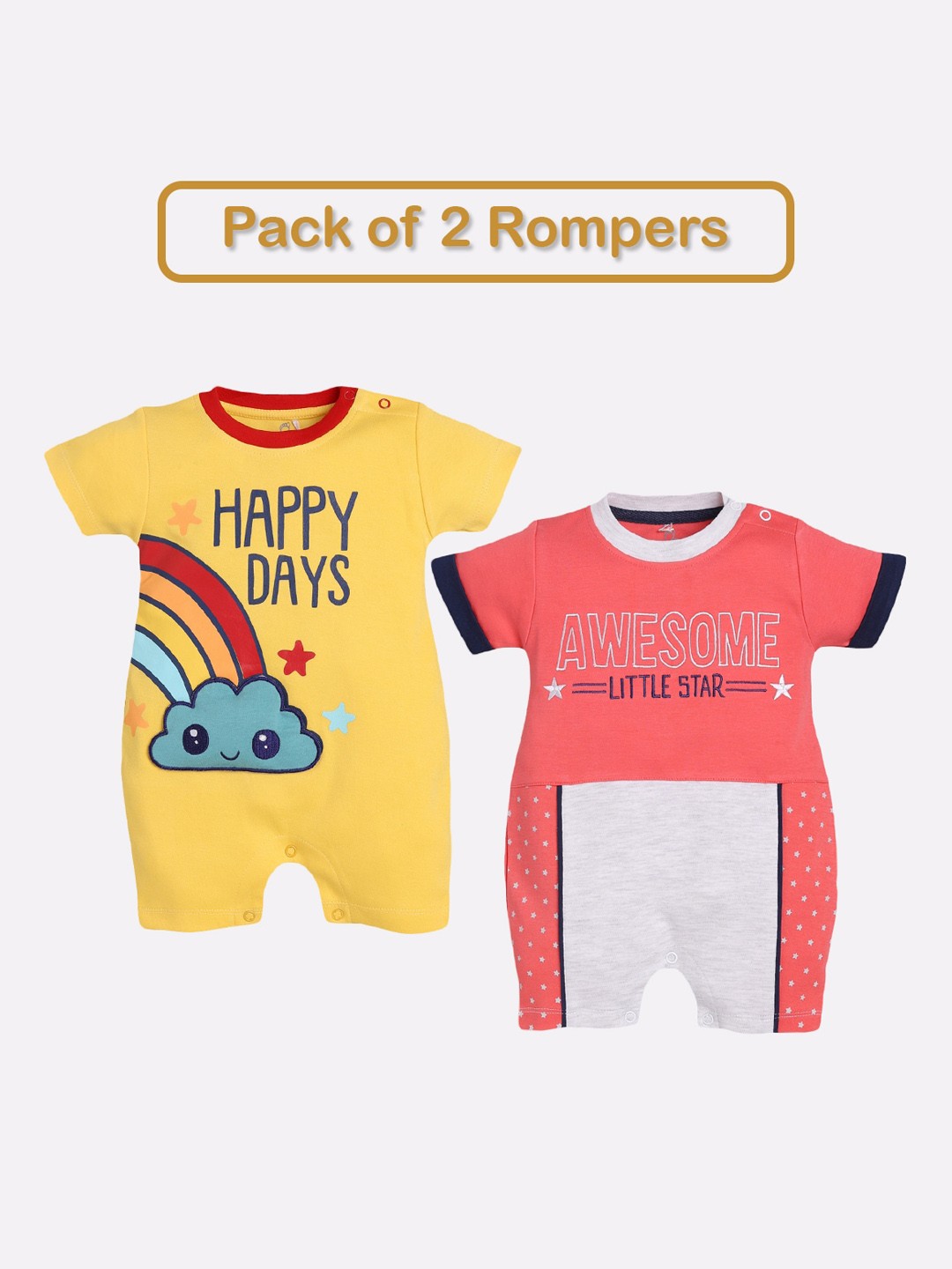 

BABY GO Infants kids Pack Of 2 Printed Pure Cotton Rompers, Yellow