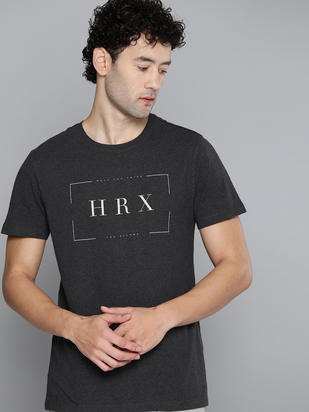 

HRX by Hrithik Roshan Brand Logo Print Pure Cotton Yoga T-shirt, Black