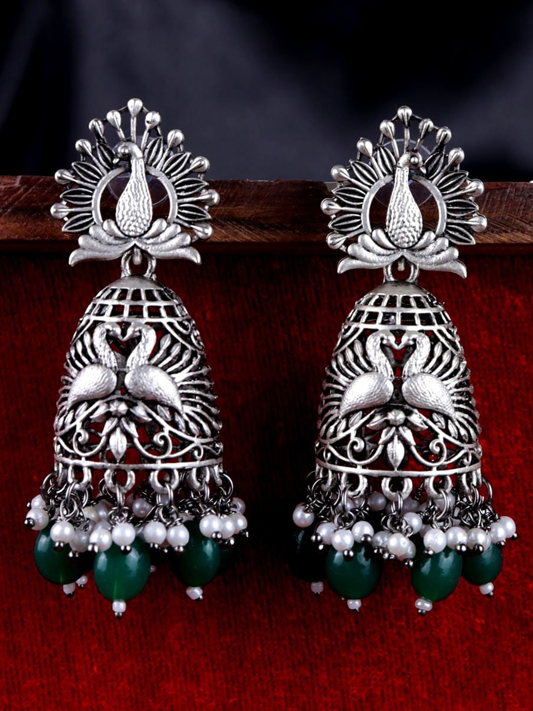 

VAGHBHATT Silver-Plated Peacock Shaped Jhumkas Earrings, Green