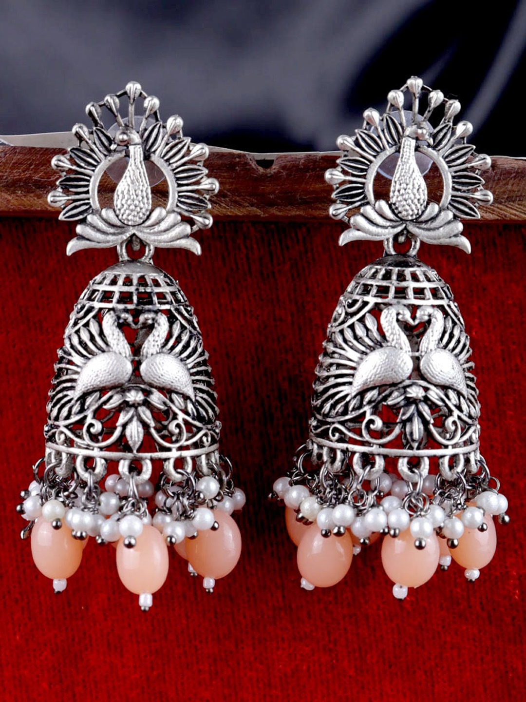 

VAGHBHATT Silver-Plated Peacock Shaped Jhumkas Earrings, Peach