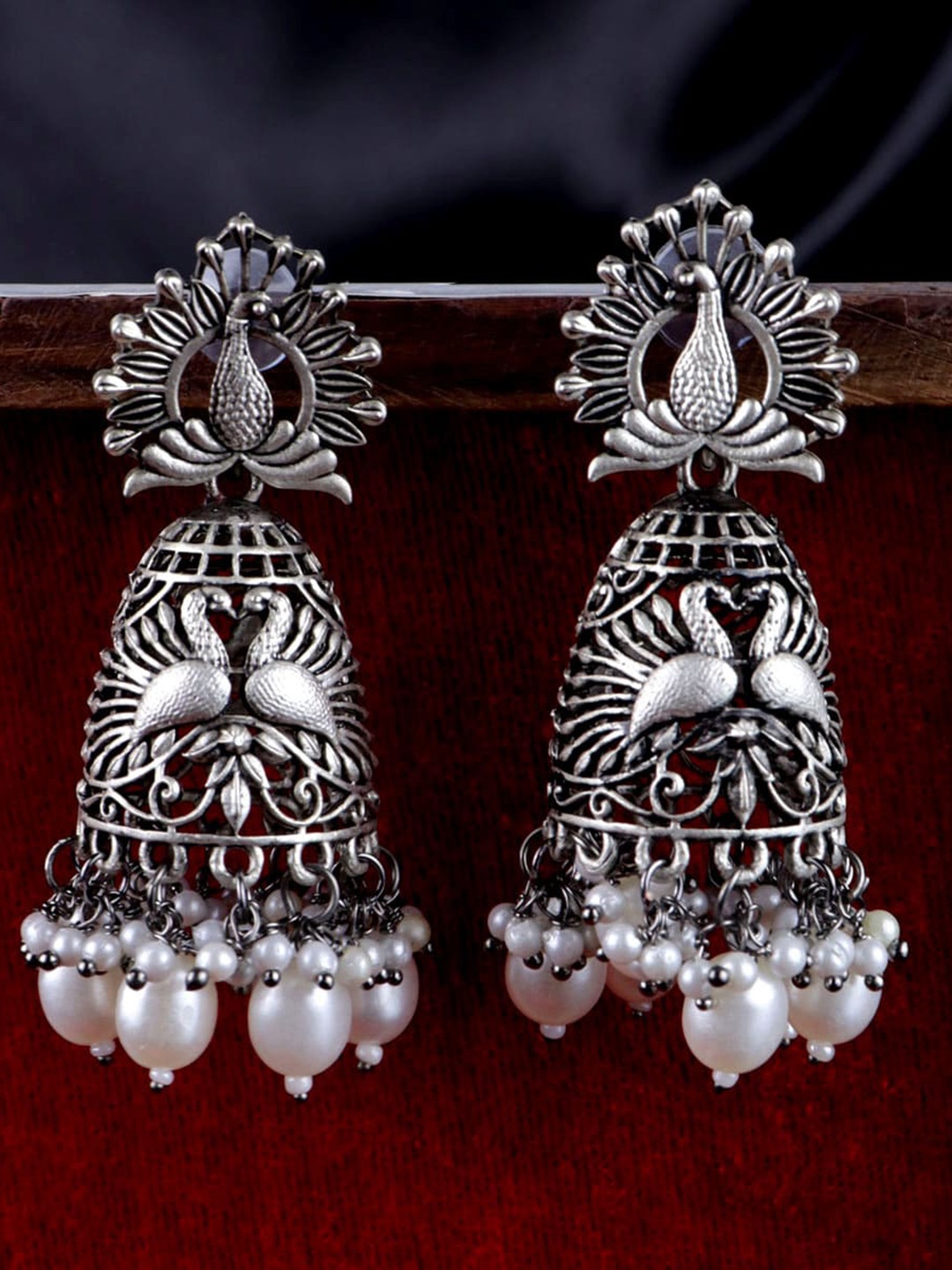 

VAGHBHATT Silver-Plating Peacock Shaped Jhumkas Earrings, White