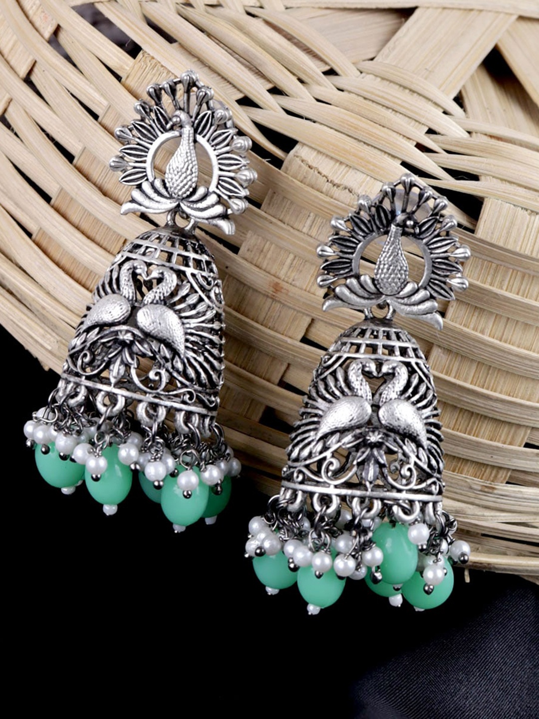 

VAGHBHATT Silver Plated Oxidised Jhumkas Earrings, Green