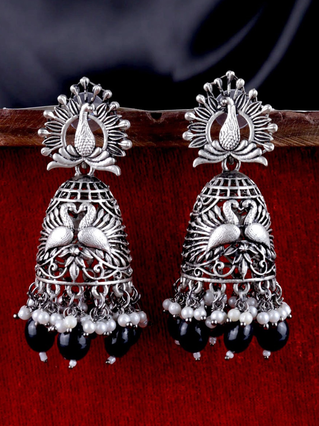 

VAGHBHATT Silver-Plated Peacock Shaped Jhumkas Earrings, Black