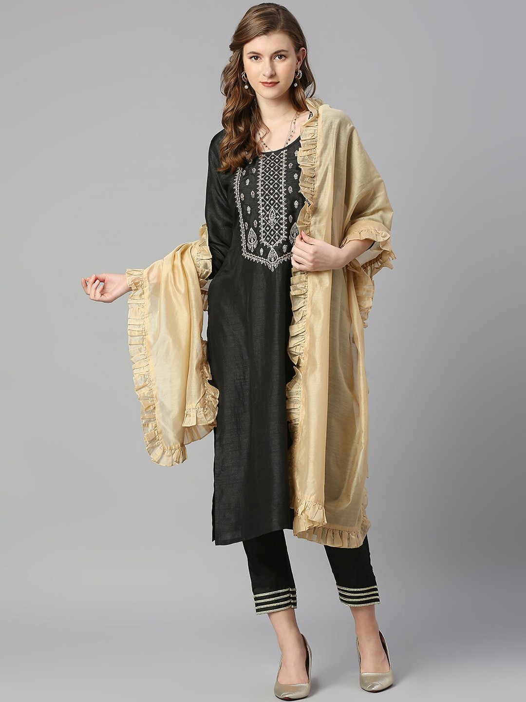 

KALINI Floral Embroidered Thread Work Pure Silk Kurta with Trousers & With Dupatta, Black