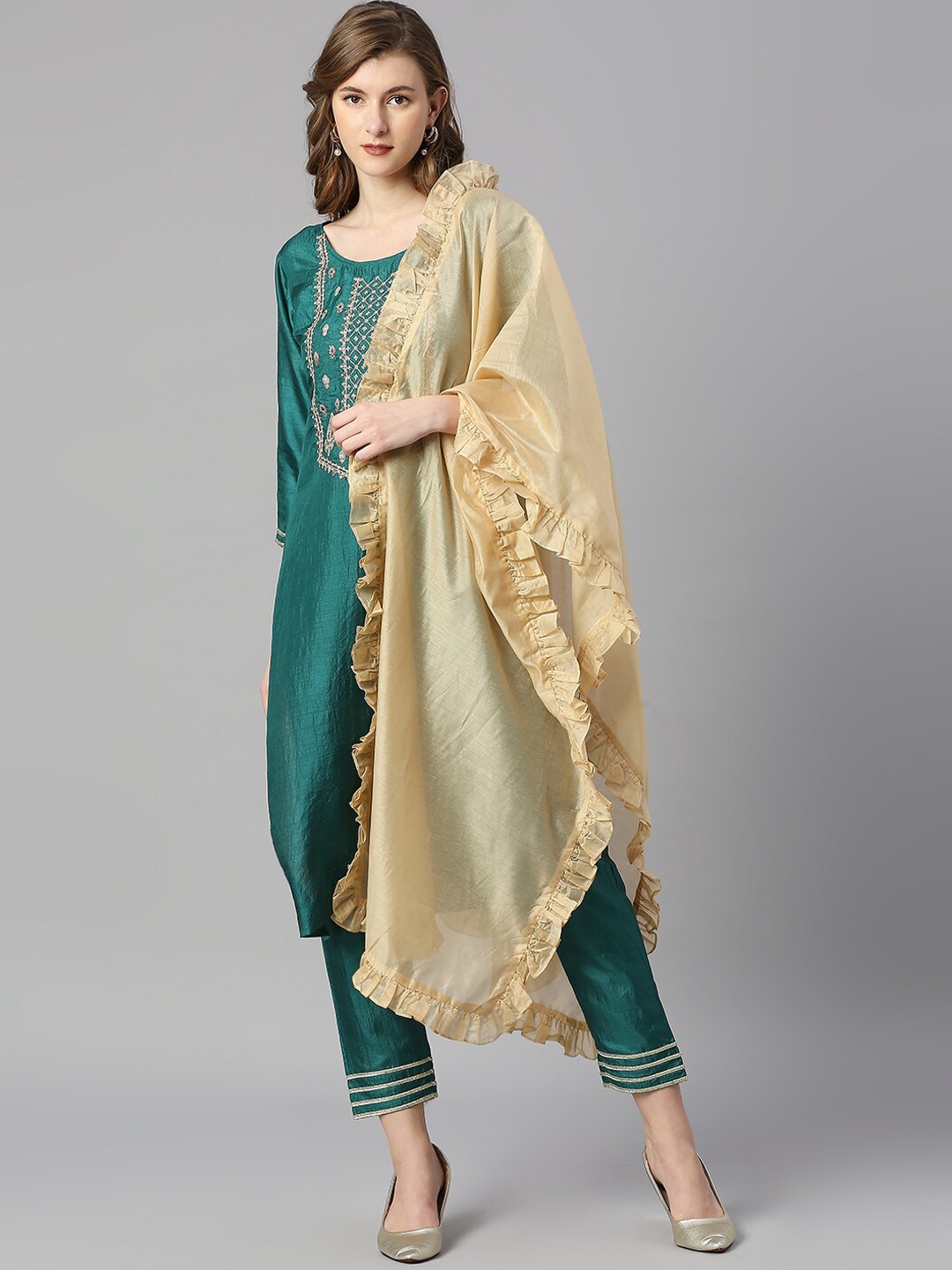 

KALINI Ethnic Motifs Embroidered Thread Work Pure Silk Kurta with Trousers & With Dupatta, Green