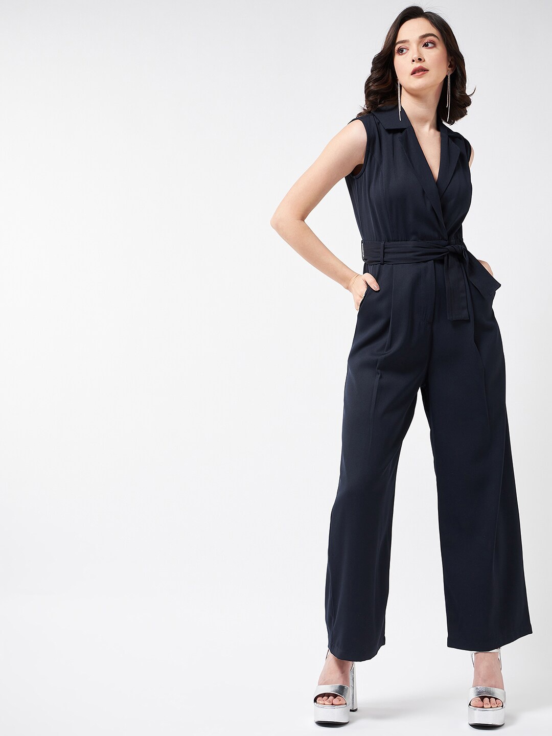 

MAGRE V-Neck Waist Tie-Ups Basic Jumpsuit, Navy blue
