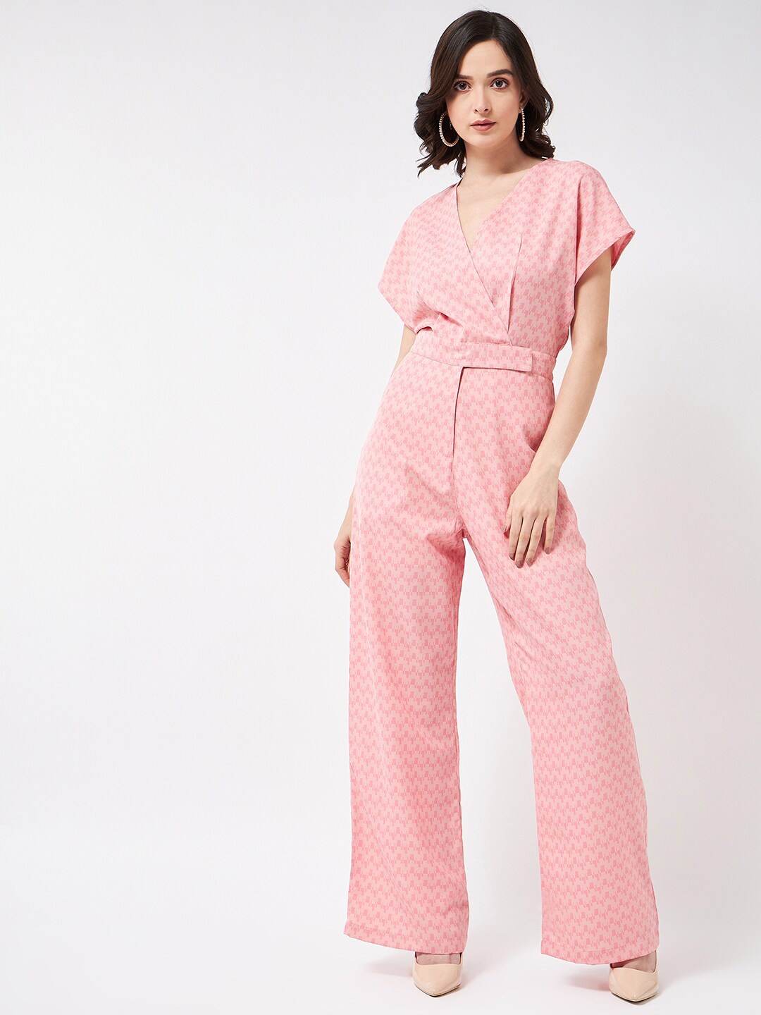 

MAGRE Printed V-Neck Wrapped Basic Jumpsuit, Pink