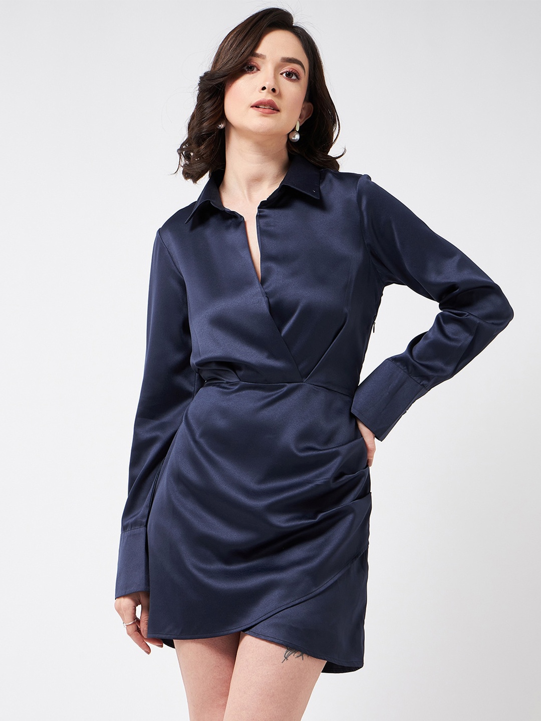 

MAGRE Blue Satin Shirt Mini Dress, Navy blue