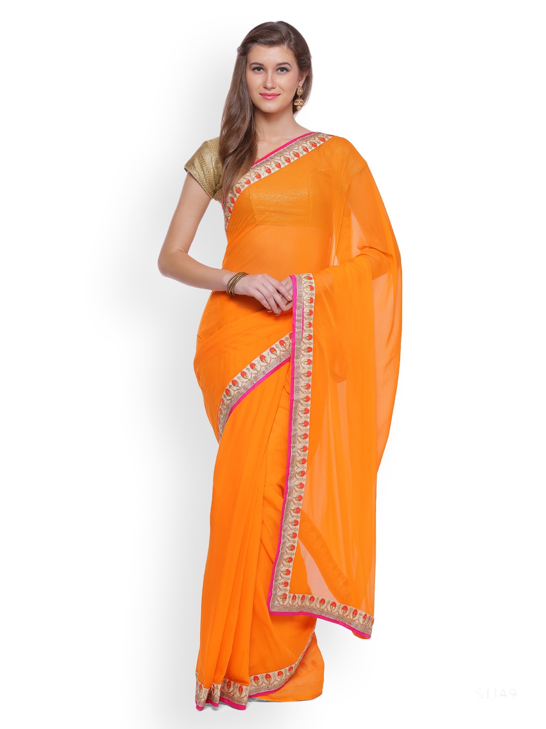 

Geroo Jaipur Hand Crafted Orange Solid Chiffon Saree